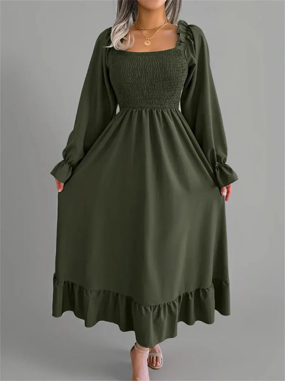 Elegant Ruffle Charm Midi Dress with long sleeves, smocked bodice, perfect for weddings, brunch, and casual outings.