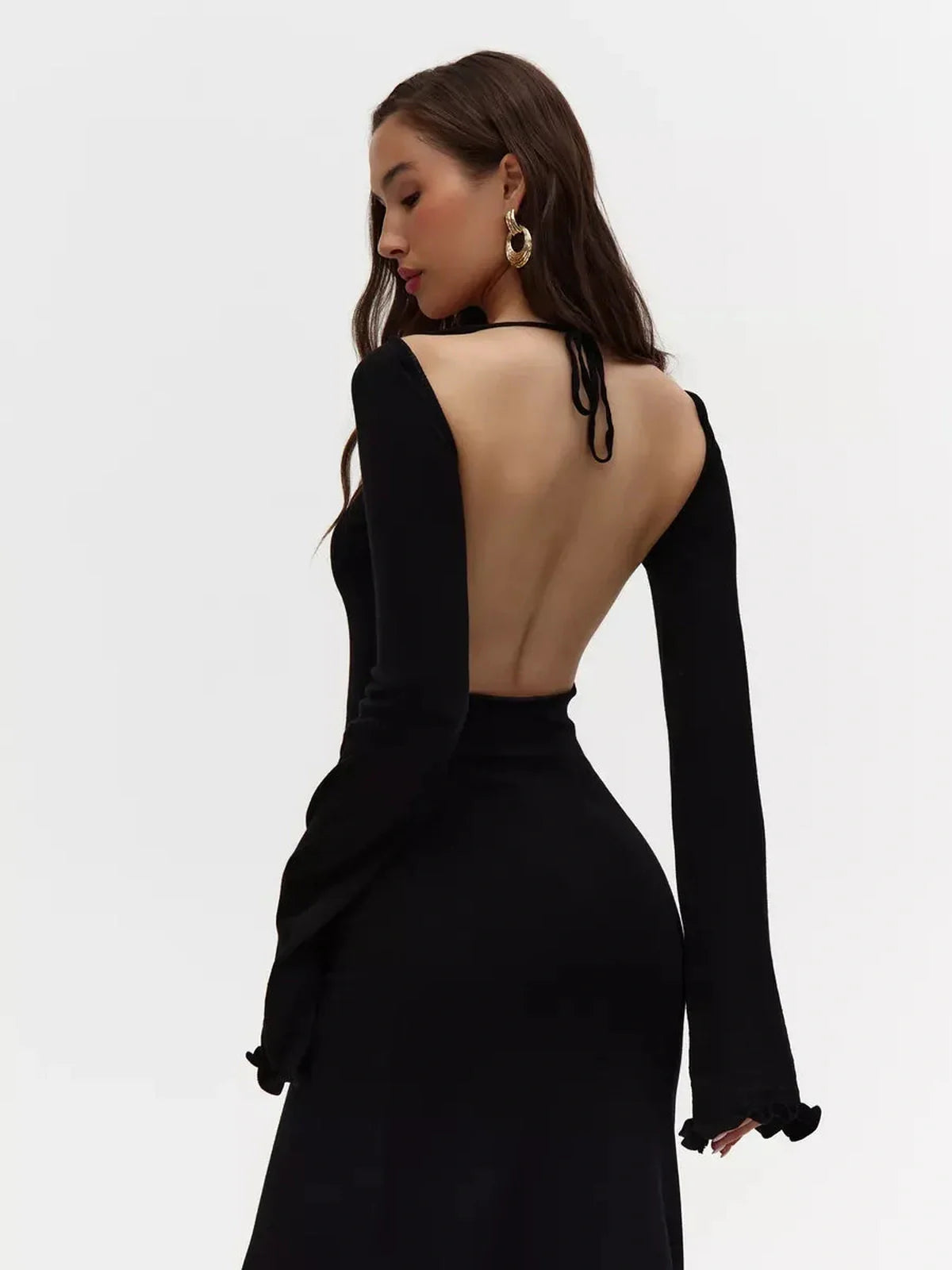 Noir Grace Midi Dress showcasing an open back and flared sleeves, perfect for weddings, prom, and formal events.