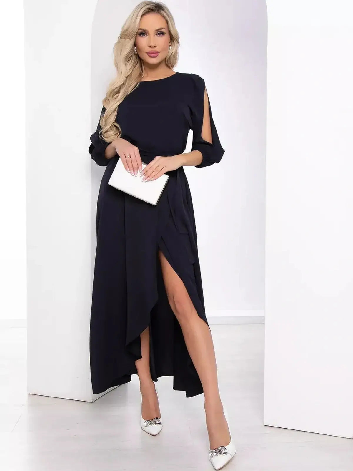 Twilight Grace Midi Dress with elegant cutout sleeves and draped silhouette in deep navy, perfect for weddings and formal events.