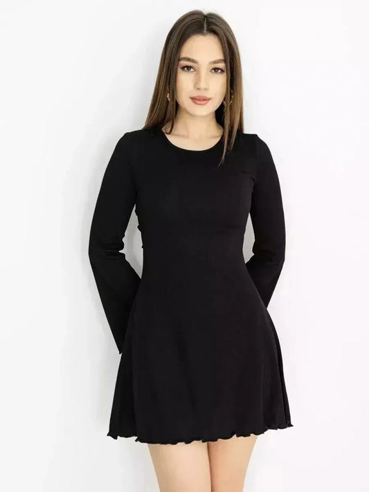 Effortlessly elegant Velvet Eclipse black dress with long bell sleeves and flared hem, perfect for various occasions.