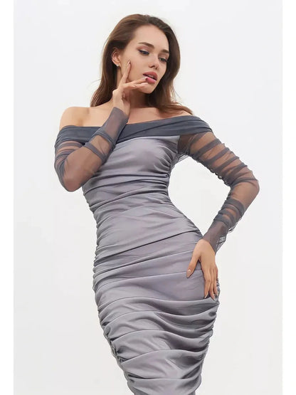 Sculpted Sheer Midi Dress featuring off-shoulder design and mesh sleeves, perfect for weddings and formal events.