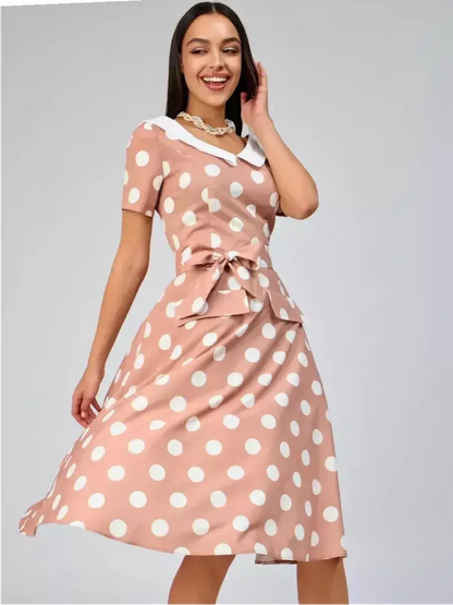 Vintage Muse Midi Dress in beige with polka dots and white collar, perfect for summer weddings and garden parties.