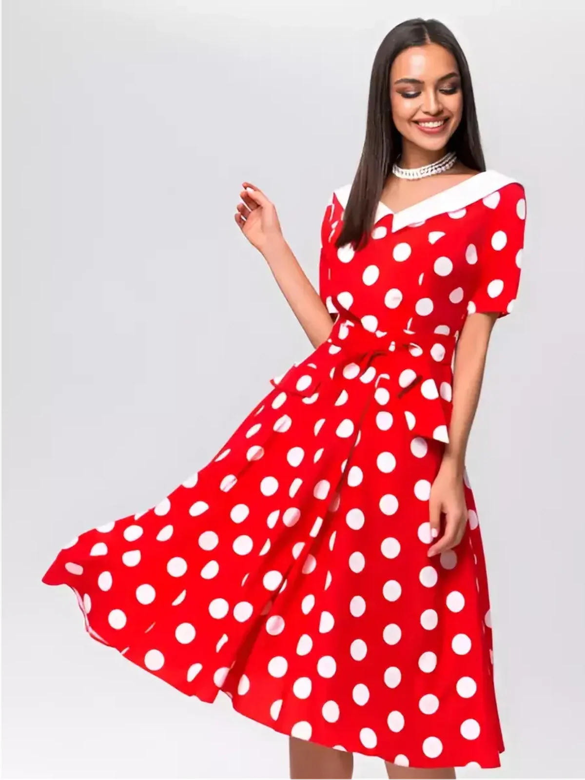 Red and white polka dot midi dress with a white collar and tie belt, perfect for summer weddings and parties.