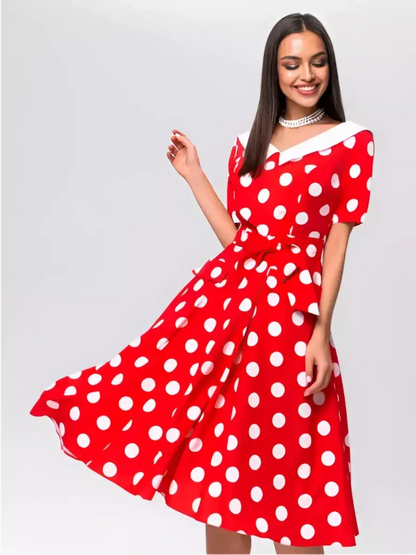 Red and white polka dot midi dress with a white collar and tie belt, perfect for summer weddings and parties.