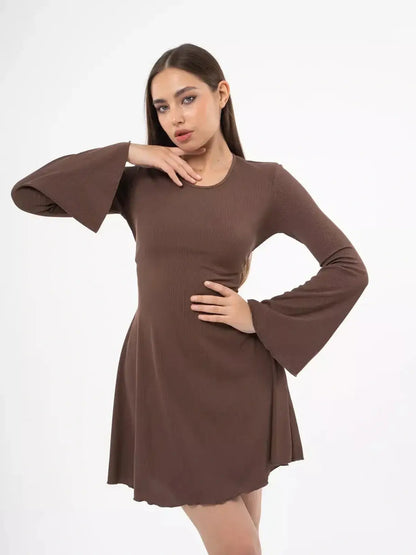 Cocoa Tie Mini Dress featuring flared sleeves and a sculpted silhouette, perfect for weddings or casual outings.