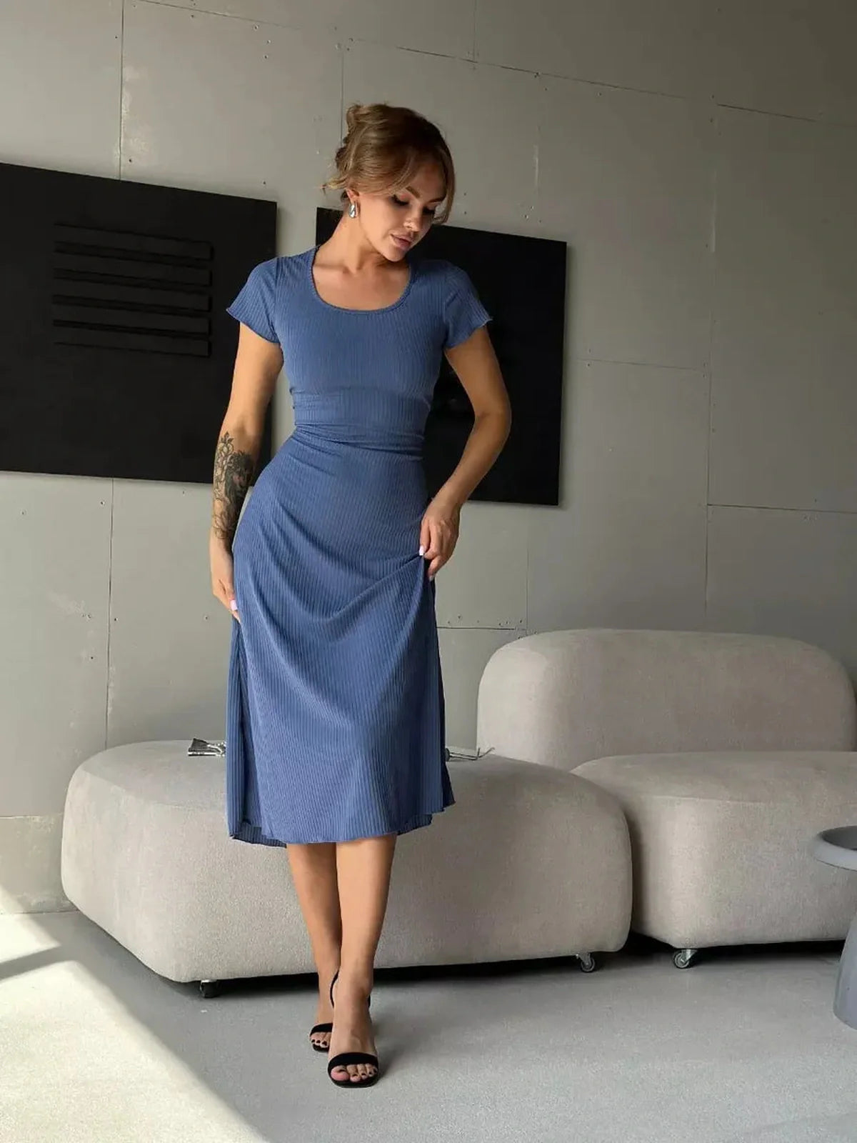 Sculpted Grace Midi Dress in blue, featuring a ribbed fit and corset tie back, perfect for formal events.