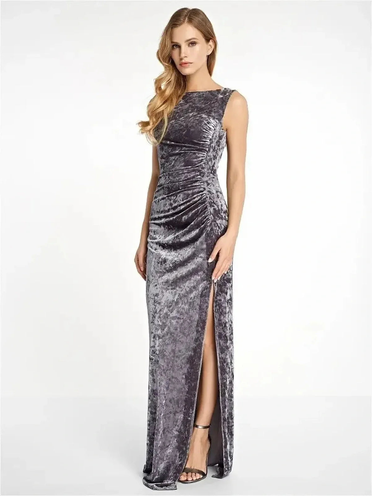 Elegant Luxe Velvet Maxi Dress featuring side ruching and a stylish leg slit, perfect for weddings and formal events.