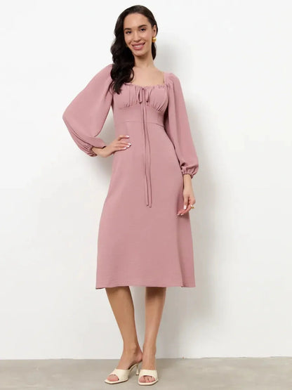 Blush Charm Midi Dress with square neckline and puff sleeves, perfect for summer weddings and formal events.