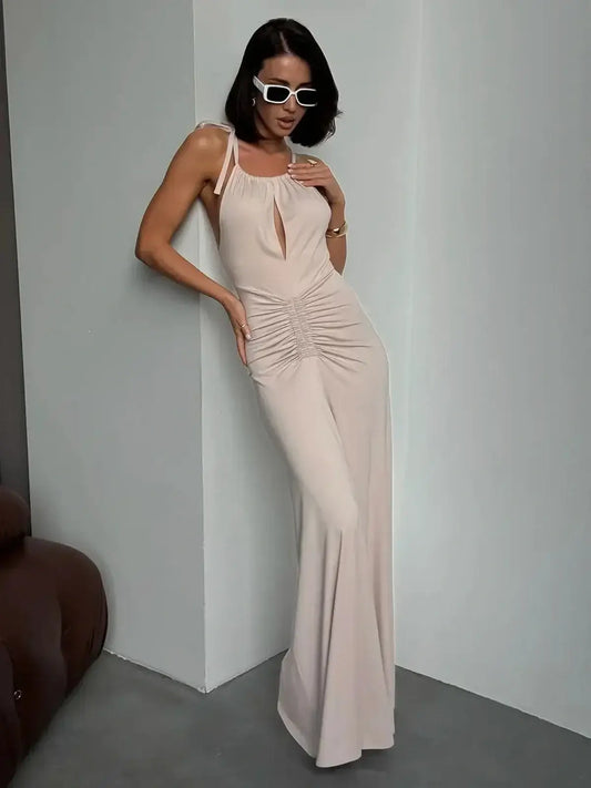 Elegant Serene Curve Maxi Dress features ruched detailing and a halter neckline, perfect for summer occasions.