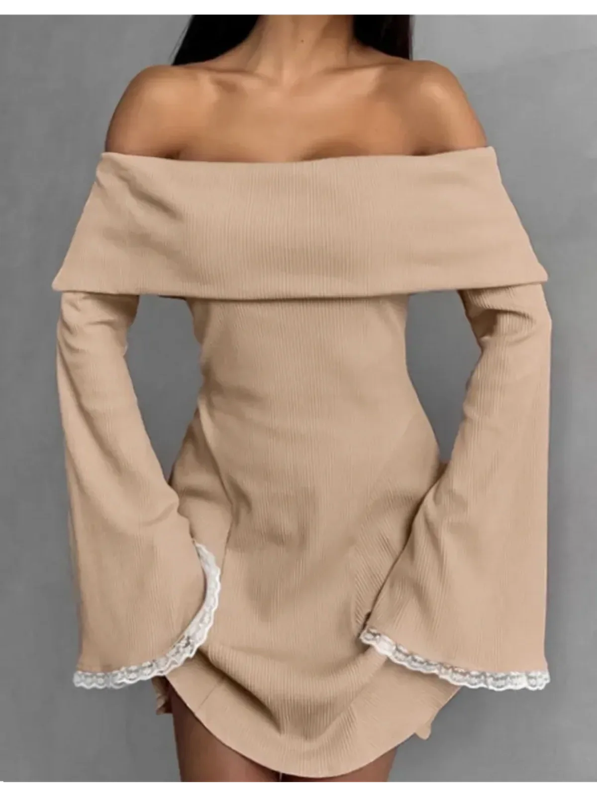 Muse Mini Dress: Off-shoulder silhouette with lace-trimmed bell sleeves, perfect for weddings and summer events.