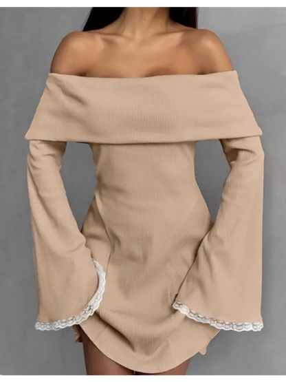 Muse Mini Dress: Off-shoulder silhouette with lace-trimmed bell sleeves, perfect for weddings and summer events.