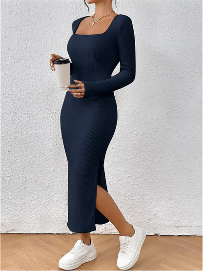Elegant navy Sculpted Allure Midi Dress featuring a squared neckline and side slit, perfect for weddings or casual outings.