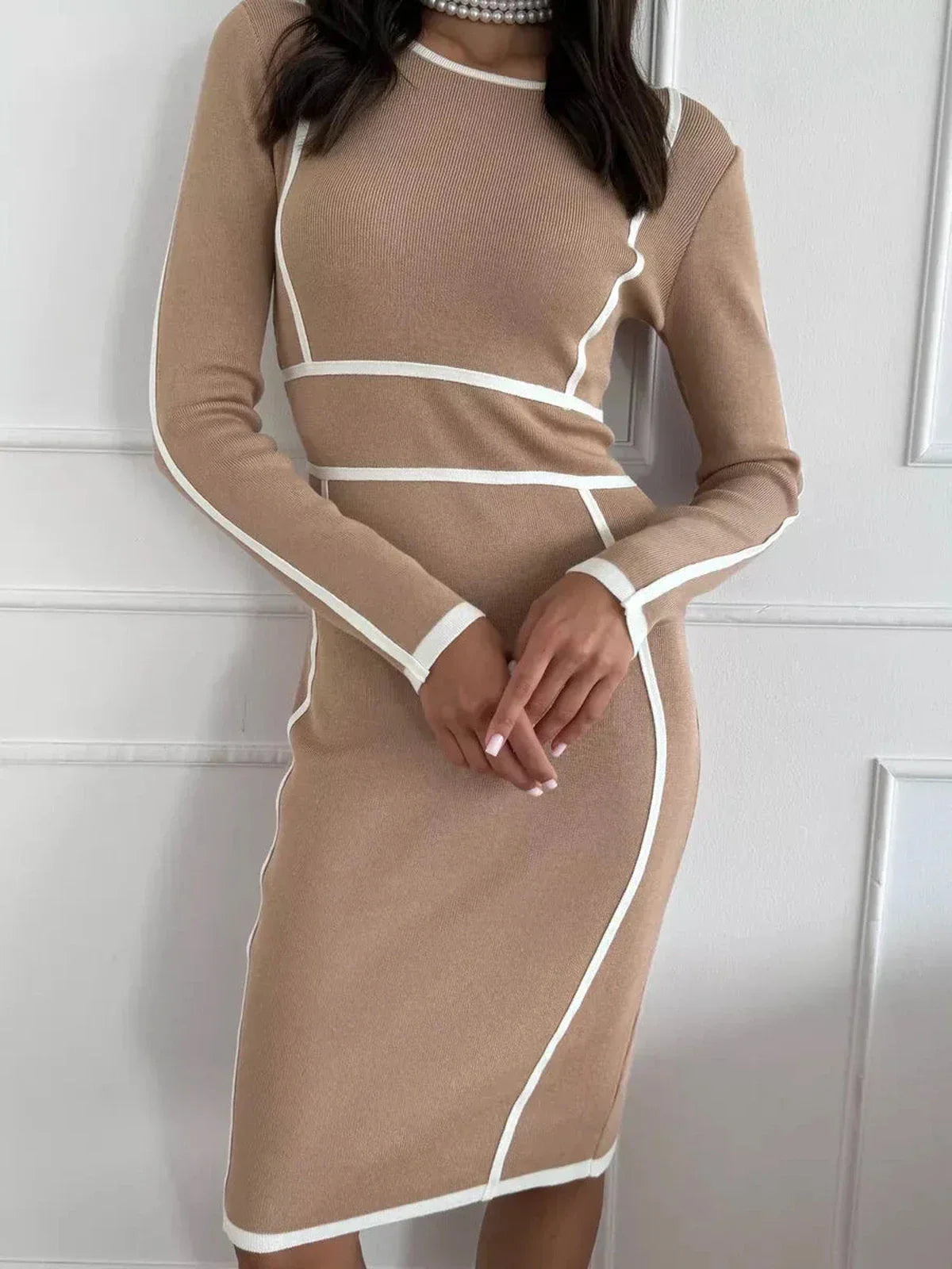 Outline Midi Dress featuring chic white contrast trim, perfect for weddings, cocktail parties, and formal occasions.