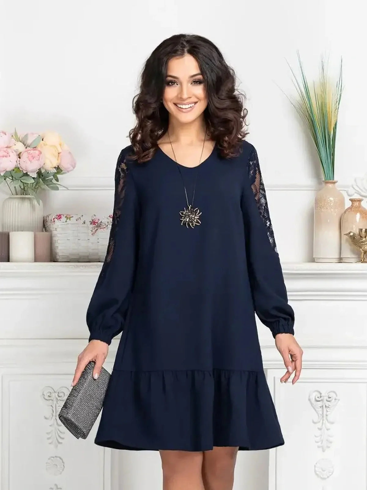 Navy blue mini dress with lace sleeves, perfect for weddings, graduations, and summer events.