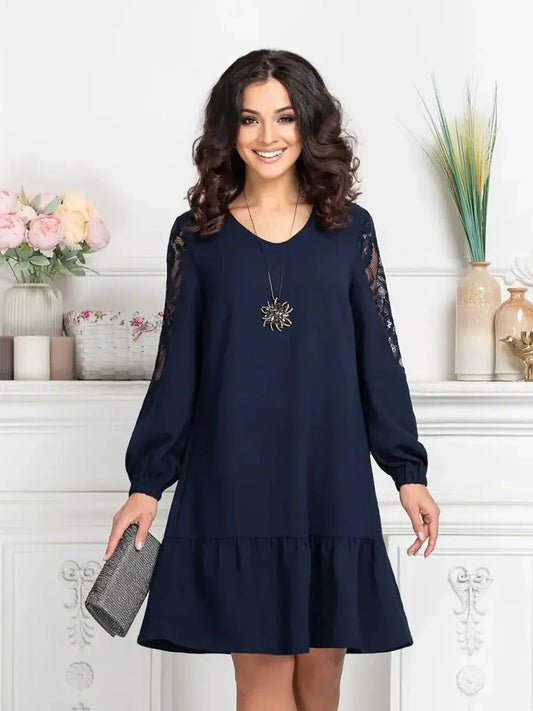 Navy blue mini dress with lace sleeves, perfect for weddings, graduations, and summer events.