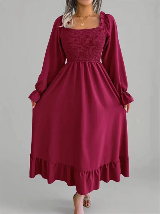 Velina Midi Dress in burgundy with square neckline and ruffled hemline, perfect for weddings and elegant occasions.