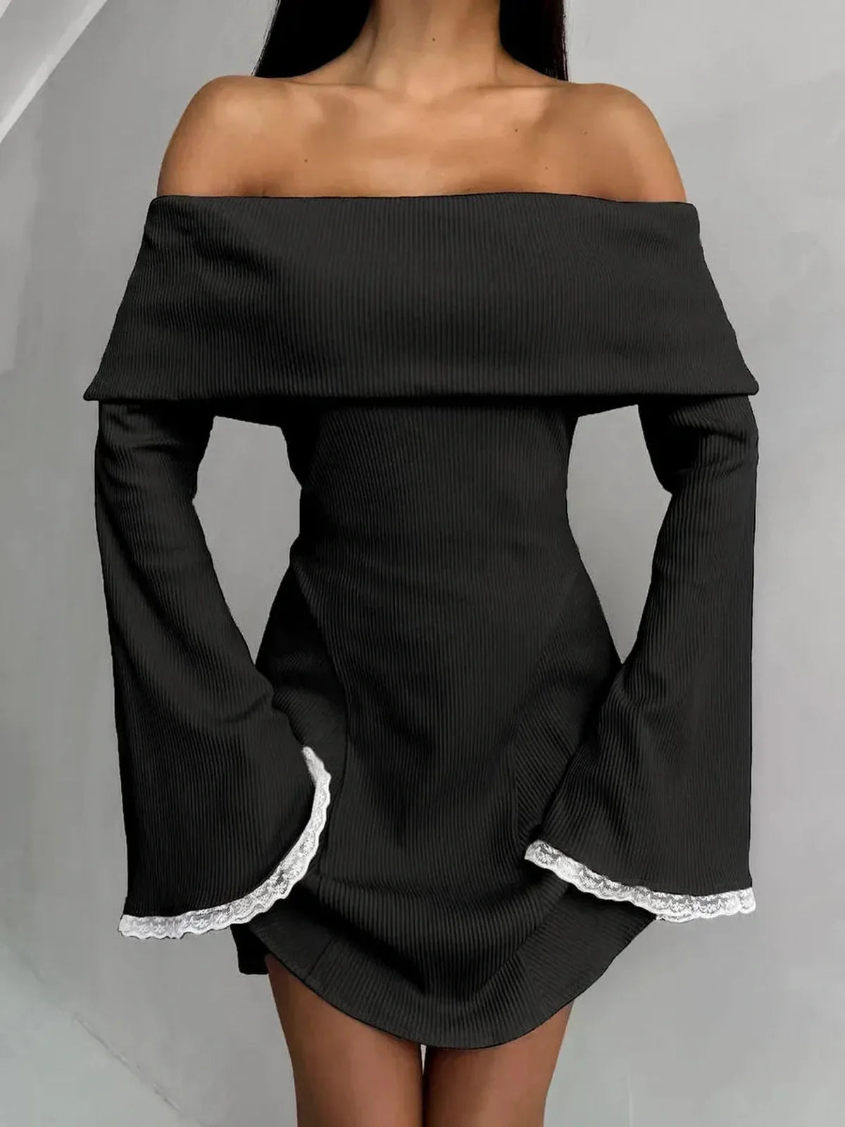 Velvet Bell Mini Dress featuring off-shoulder neckline and flared lace-trimmed sleeves in black, perfect for parties and special occasions.