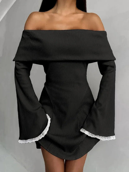 Velvet Bell Mini Dress featuring off-shoulder neckline and flared lace-trimmed sleeves in black, perfect for parties and special occasions.