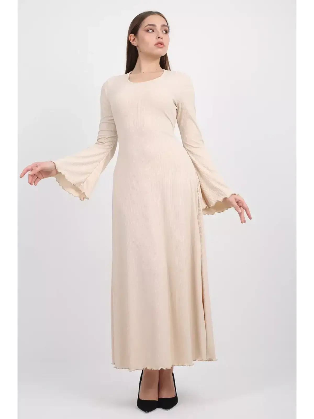 Ivory Flow Midi Dress with bell sleeves, featuring a sculpted silhouette and soft ribbed texture, perfect for weddings and formal events.