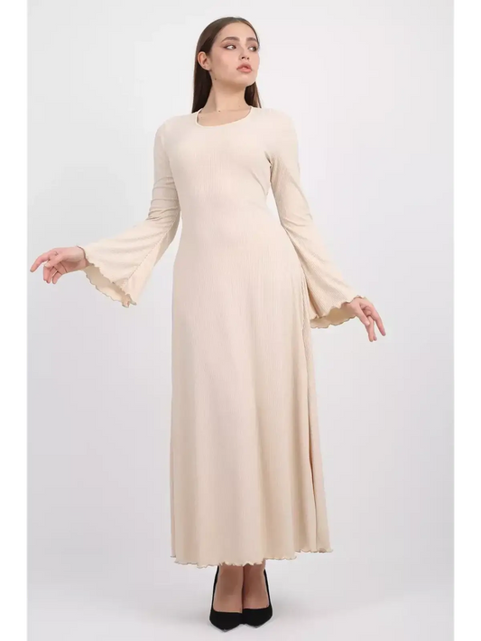 Ivory Flow Midi Dress with bell sleeves, featuring a sculpted silhouette and soft ribbed texture, perfect for weddings and formal events.