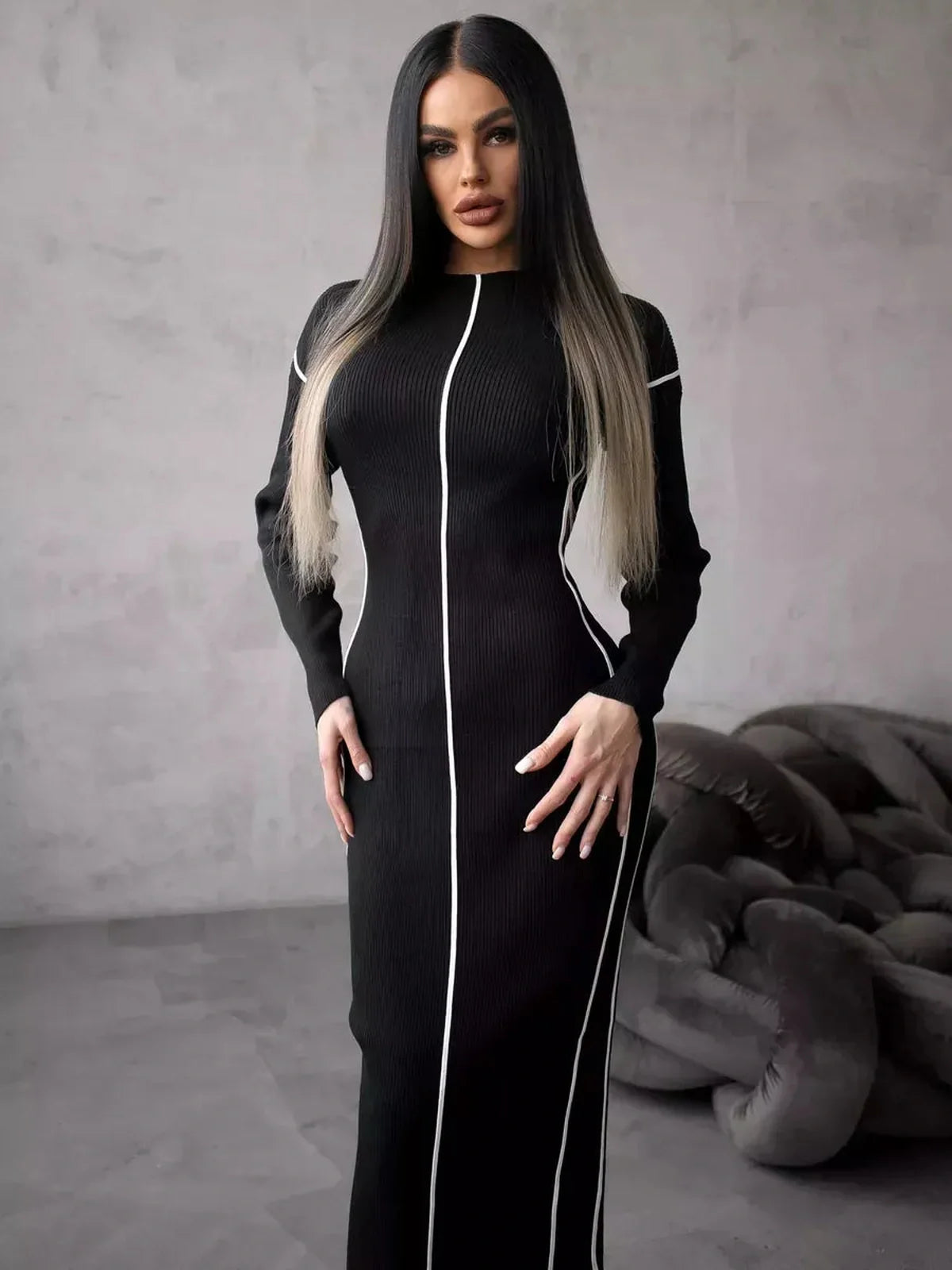 Elegant Sculpted Line Midi Dress in black with white contrast stripes, perfect for weddings, proms, or formal events.