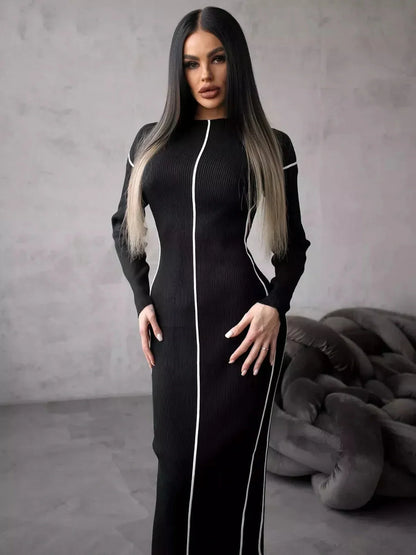 Elegant Sculpted Line Midi Dress in black with white contrast stripes, perfect for weddings, proms, or formal events.