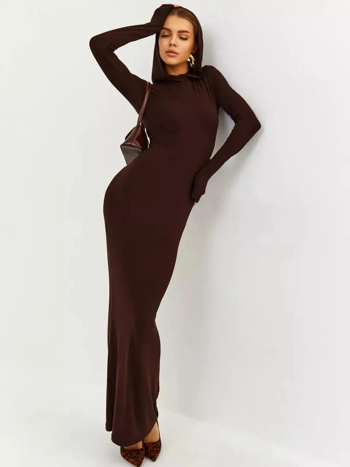 Sculpt Maxi Dress in rich chocolate, featuring hooded detail and sleek silhouette, perfect for elegant occasions.