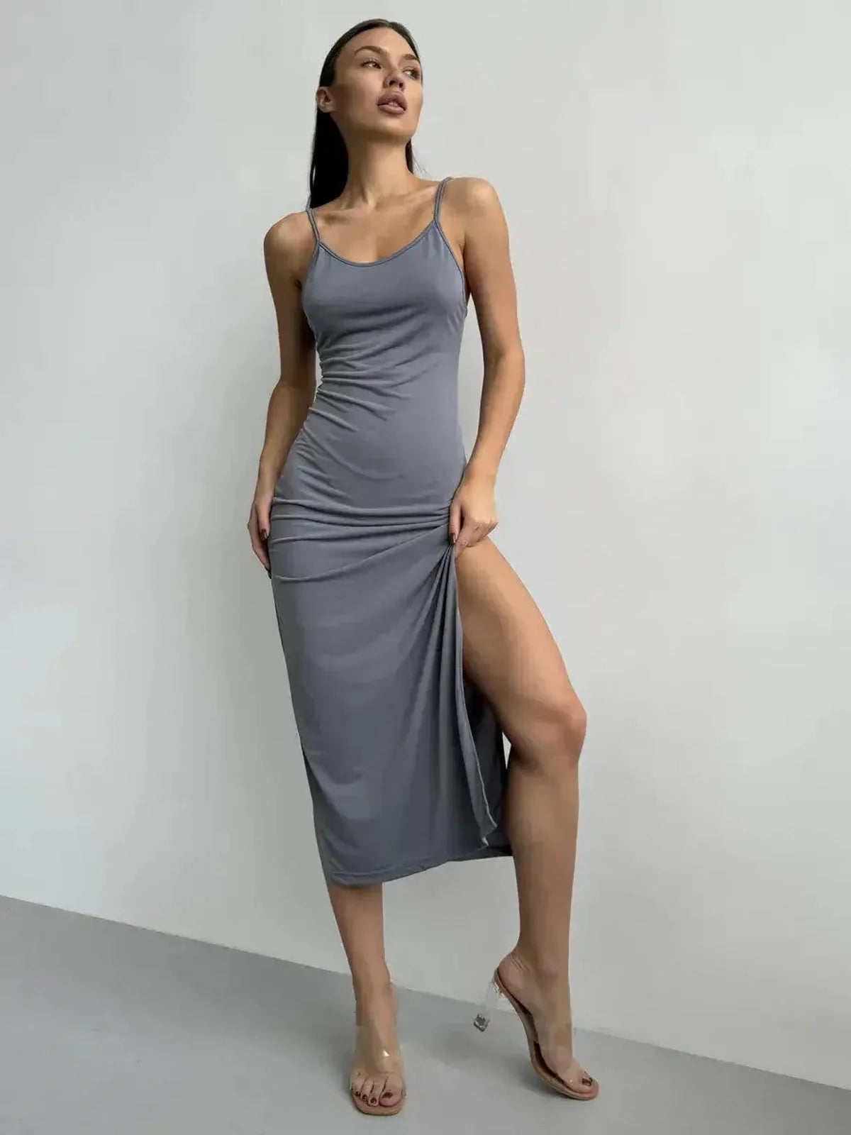 Sculpt Midi Dress featuring a sleek silhouette and side slit, perfect for summer and formal occasions.