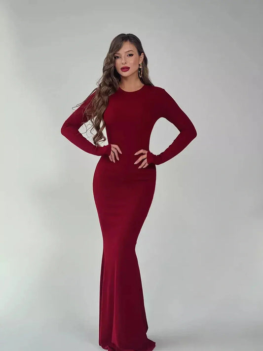 Elegant burgundy Velvet Ember maxi dress with long sleeves, perfect for summer events, weddings, and formal occasions.