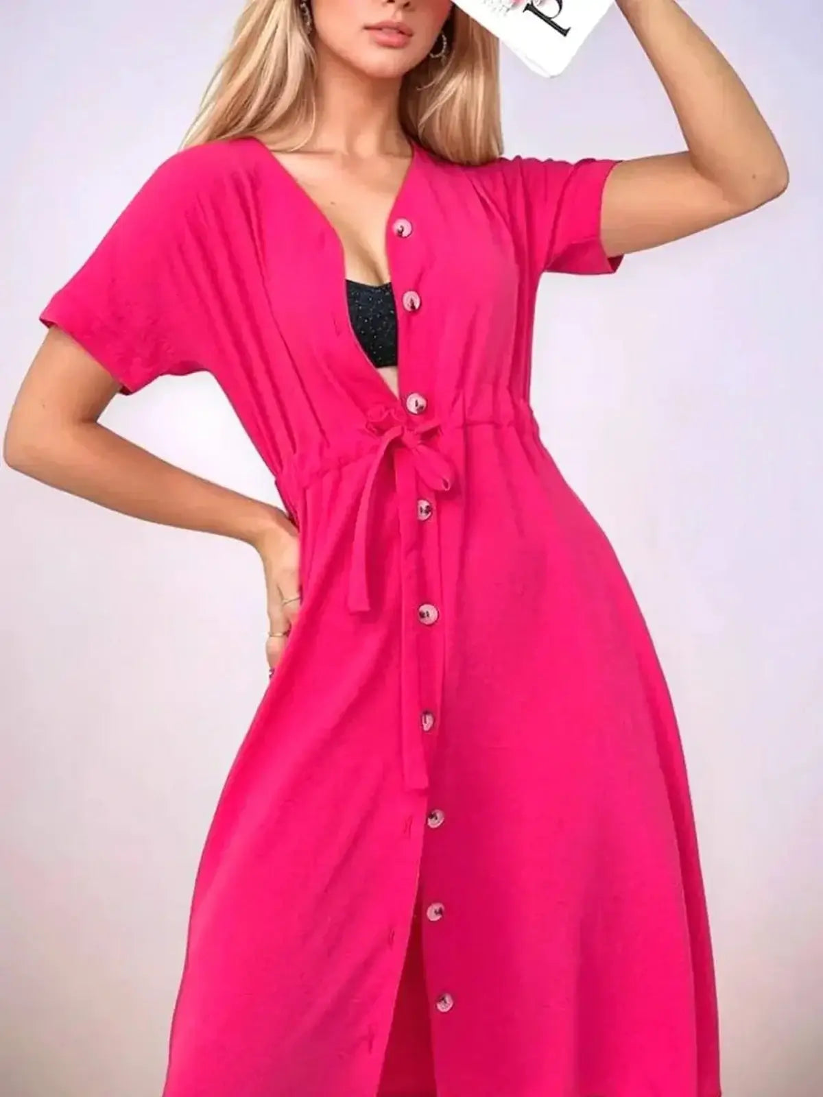 Radiance Midi Dress in vibrant fuchsia with button-front and tie-waist, perfect for weddings, summer events, and casual outings.