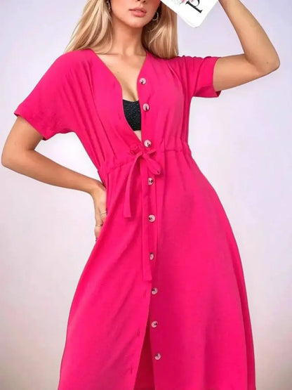Radiance Midi Dress in vibrant fuchsia with button-front and tie-waist, perfect for weddings, summer events, and casual outings.