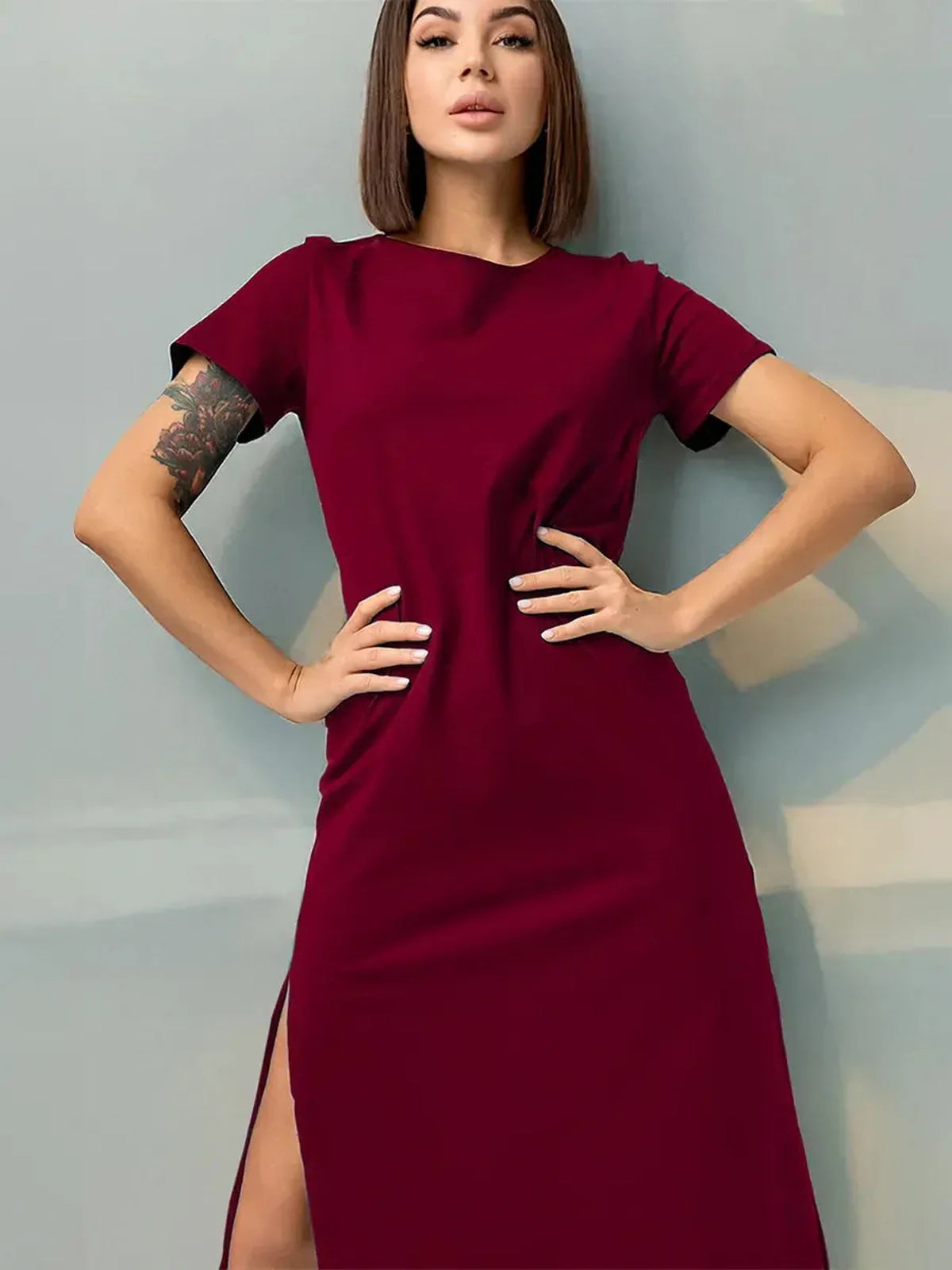 Burgundy Essential Cotton Midi Dress featuring a modern straight silhouette, perfect for summer outings and versatile styling.