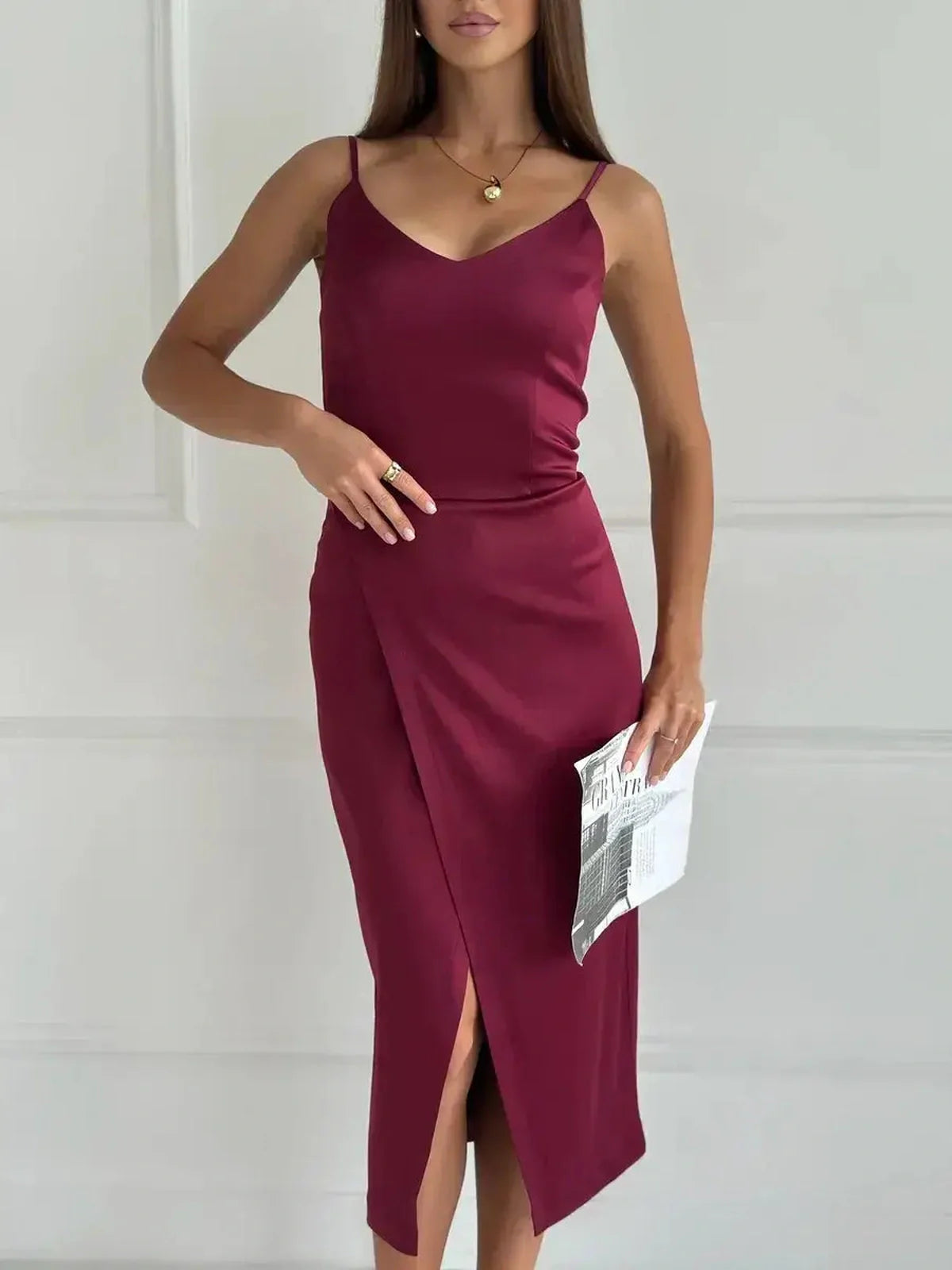 Crimson Luxe Midi Dress in burgundy satin with a sleek wrap silhouette and side slit, perfect for evening wear.
