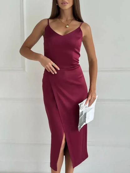 Crimson Luxe Midi Dress in burgundy satin with a sleek wrap silhouette and side slit, perfect for evening wear.
