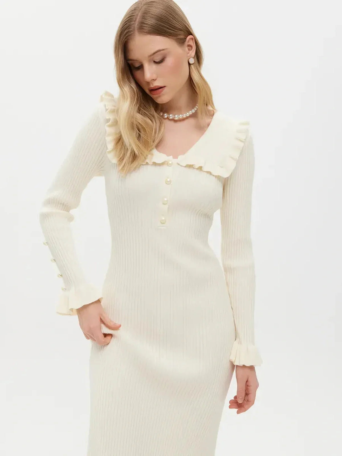 Elegant Pearl Ruffle Midi Dress with flounce collar and pearl buttons, perfect for weddings and special occasions.