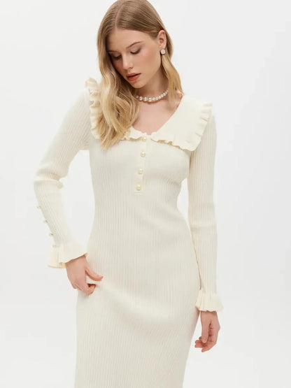 Elegant Pearl Ruffle Midi Dress with flounce collar and pearl buttons, perfect for weddings and special occasions.