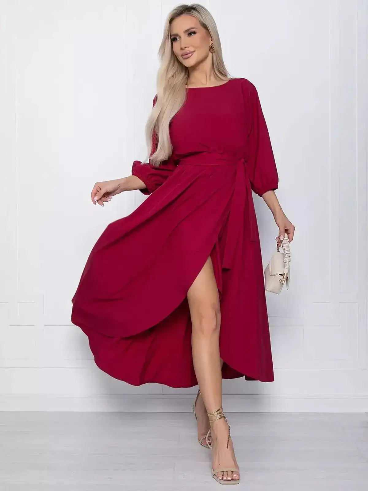 Crimson Allure Midi Dress with a high-low hem, perfect for weddings, formal occasions, and summer events.