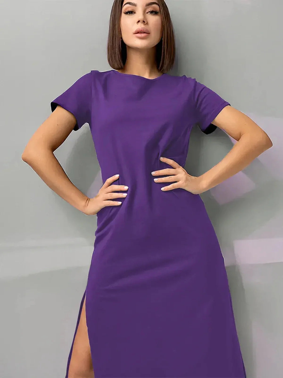 Purple side slit midi dress showcasing casual-chic style, perfect for summer and versatile occasions.