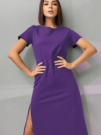 Purple side slit midi dress showcasing casual-chic style, perfect for summer and versatile occasions.