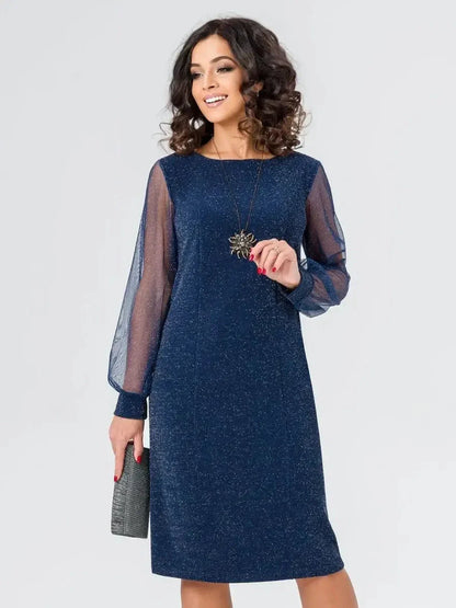 Celeste Midi Dress in navy blue with sheer sleeves, perfect for weddings, cocktail parties, and evening events.