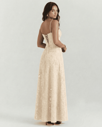 Alina Maxi Dress by Slimona, featuring elegant nude floral lace and a corset back design.