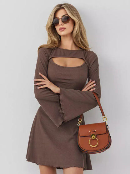 Elegant Café Flare mini dress in rich coffee hue with cut-out detail, flared cuffs, and flattering A-line silhouette.