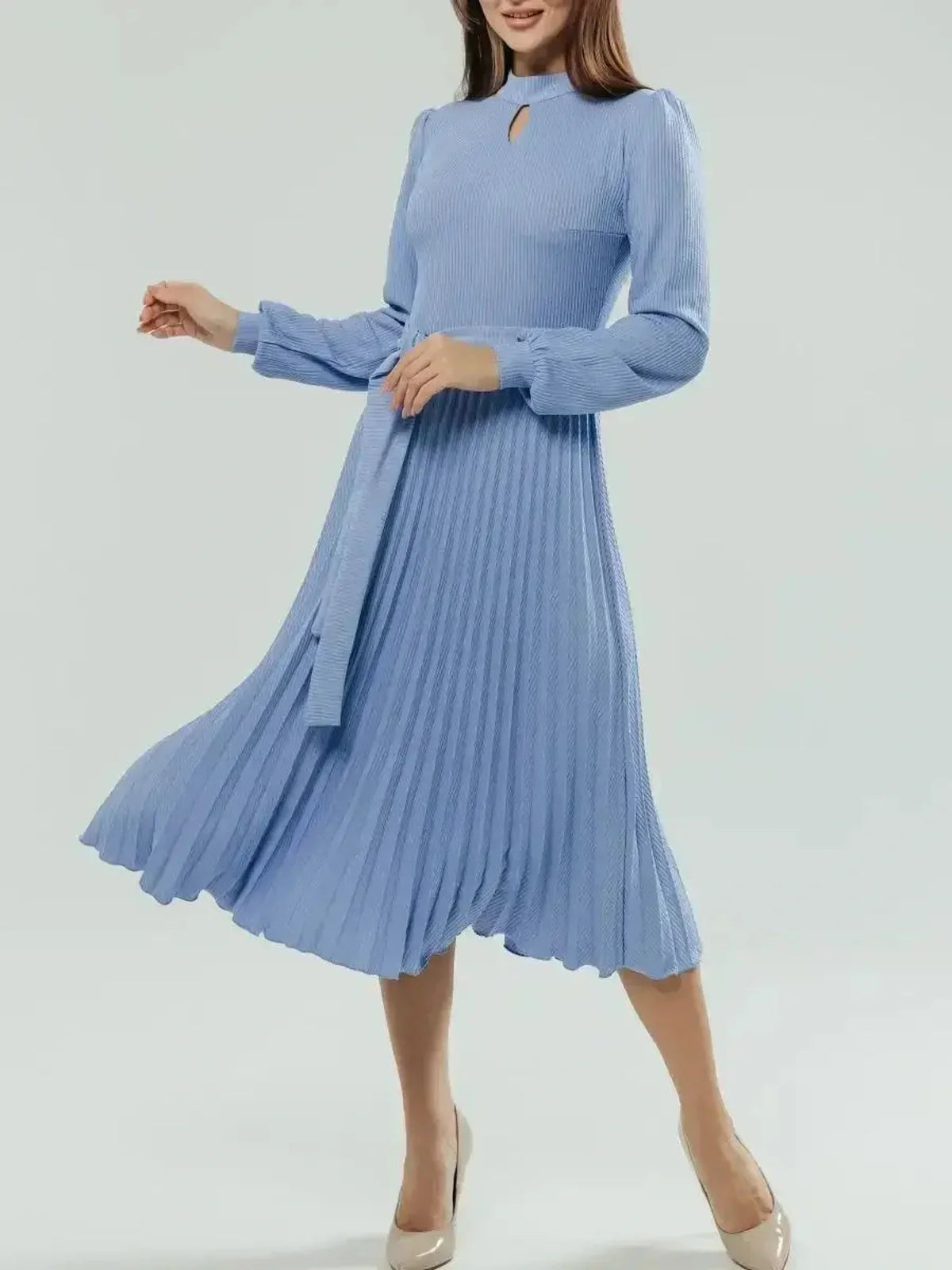 Elegance Midi Dress in powder blue with pleats and long sleeves, perfect for weddings and formal events.
