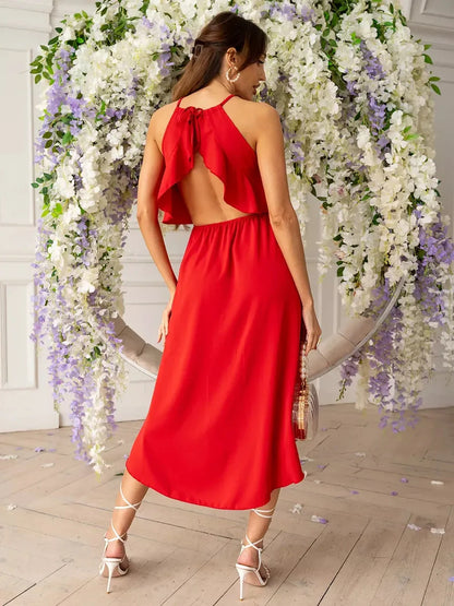 Radiance Midi Dress in vibrant red with halter-neck and ruffled back, perfect for summer weddings and formal occasions.