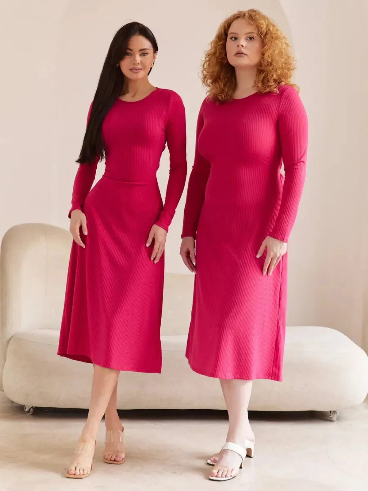 Two models wearing pink contour Midi Dress with long sleeves, showcasing elegant styles suitable for summer and special occasions.