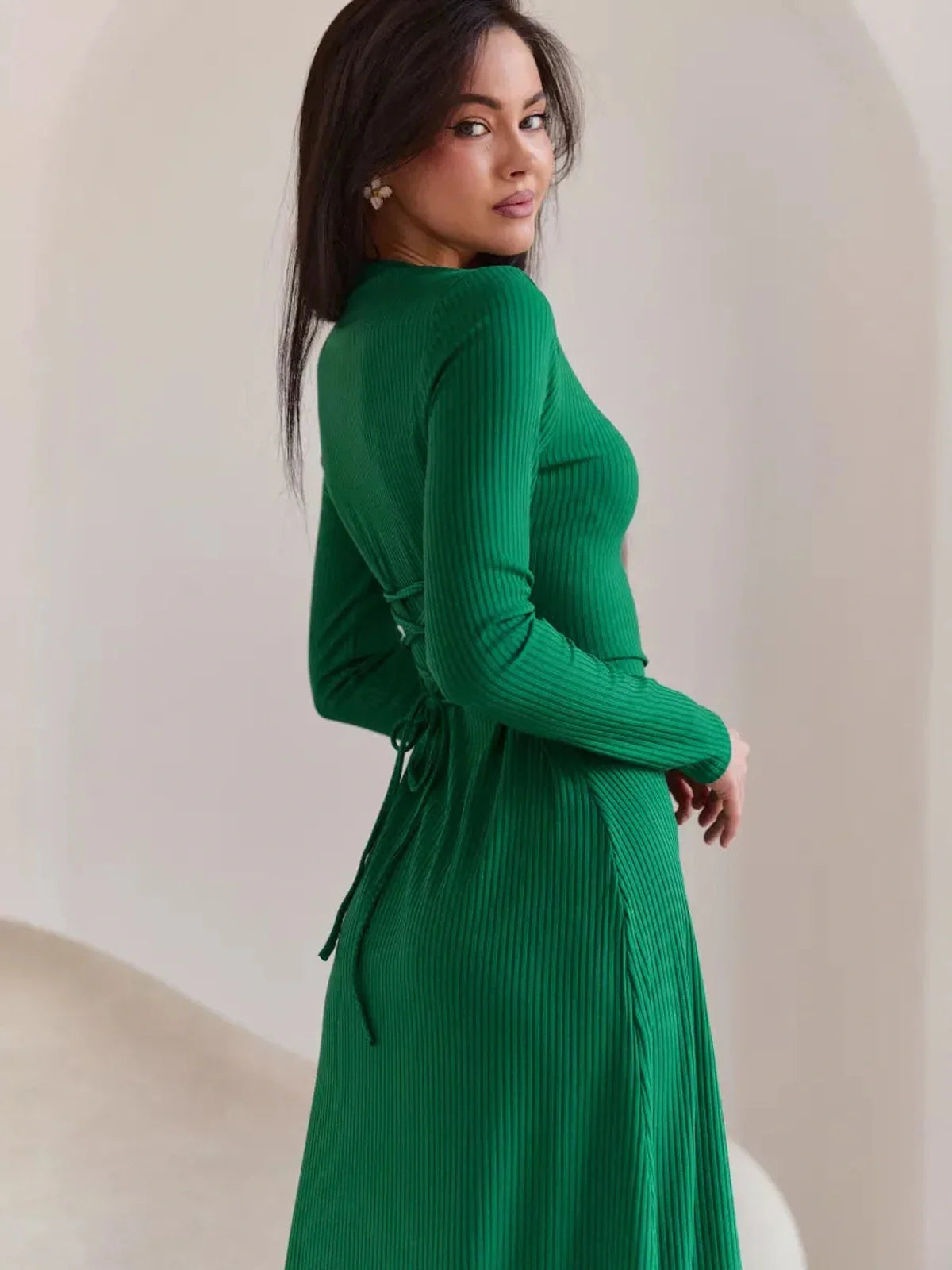 Elegant green Luxe Sculpt Midi Dress featuring a waist tie detailing, ideal for weddings, proms, and formal events.