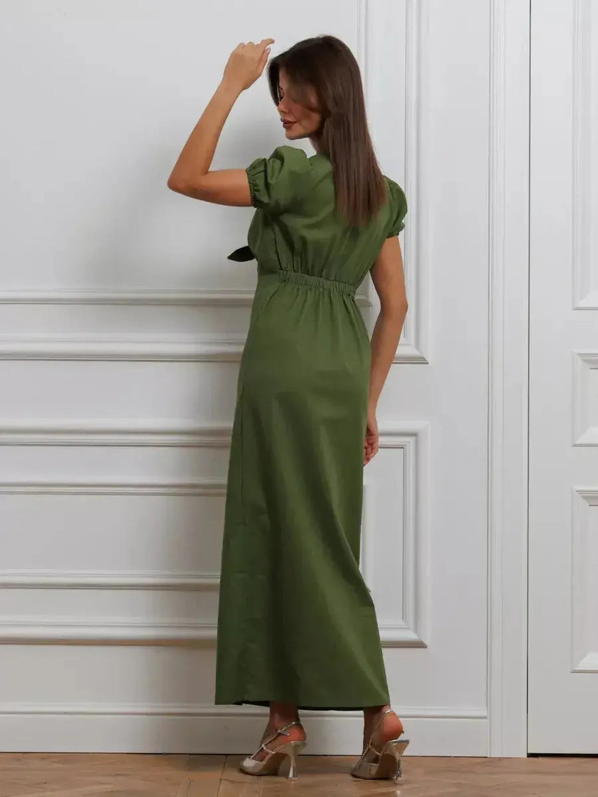 Olive Whisper Maxi Dress featuring puff sleeves, tie front detail, and elegant natural hue, perfect for any occasion.