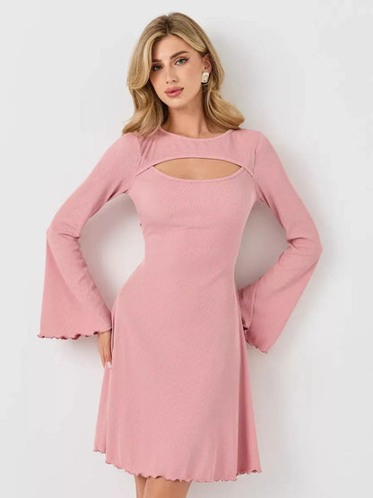Blush Whisper dress featuring flared long sleeves and U-neckline, perfect for wedding guests or summer occasions.