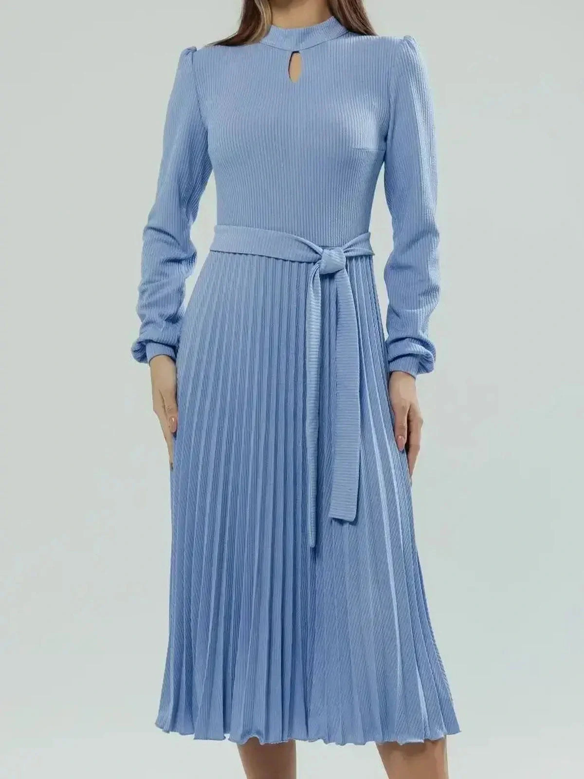 Elegance Midi Dress in powder blue, featuring pleats, long sleeves, and a delicate teardrop cutout, perfect for various occasions.