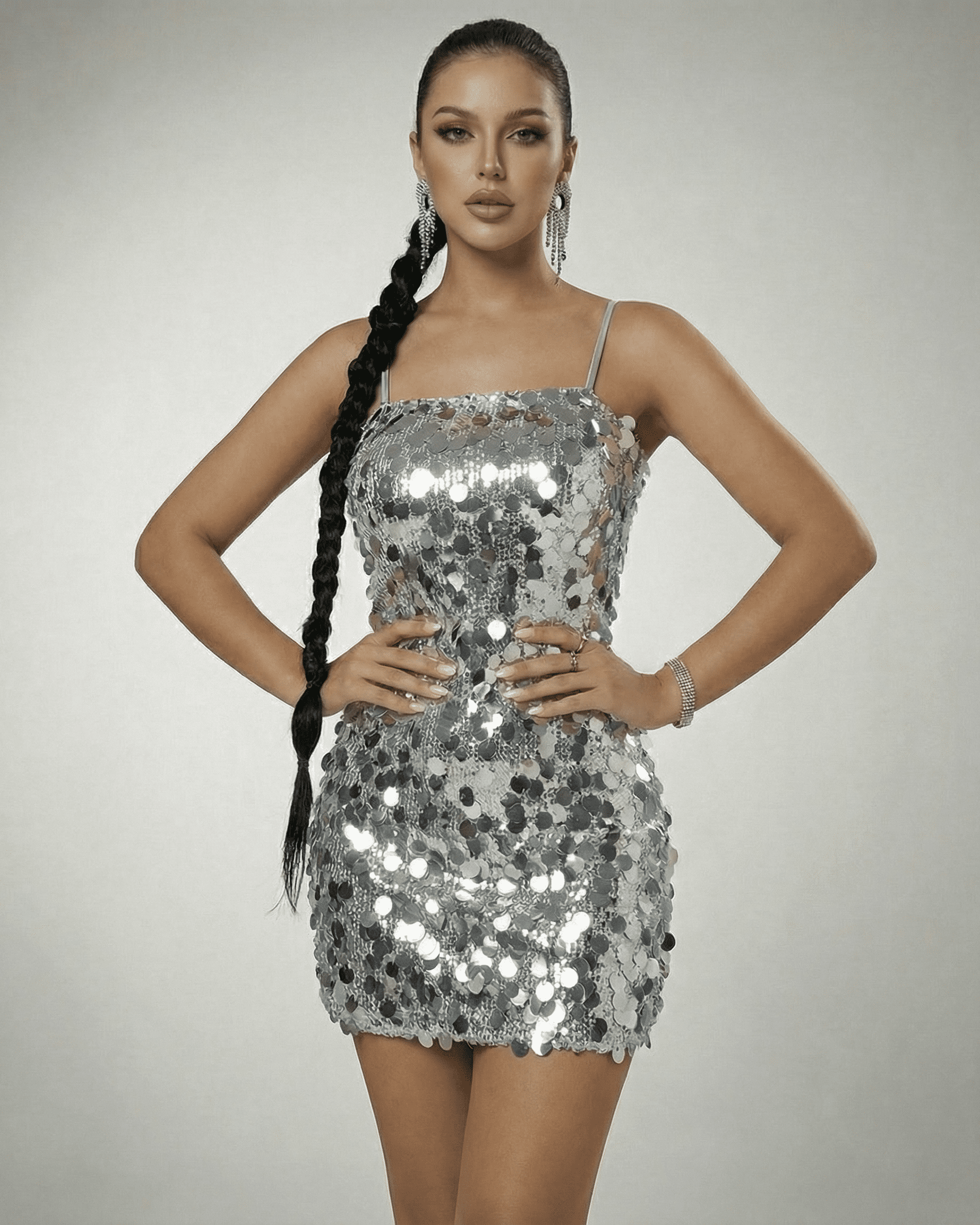 Stella Mini Dress by Slimona, silver sequin off-the-shoulder mini dress showcasing a high-waist silhouette.